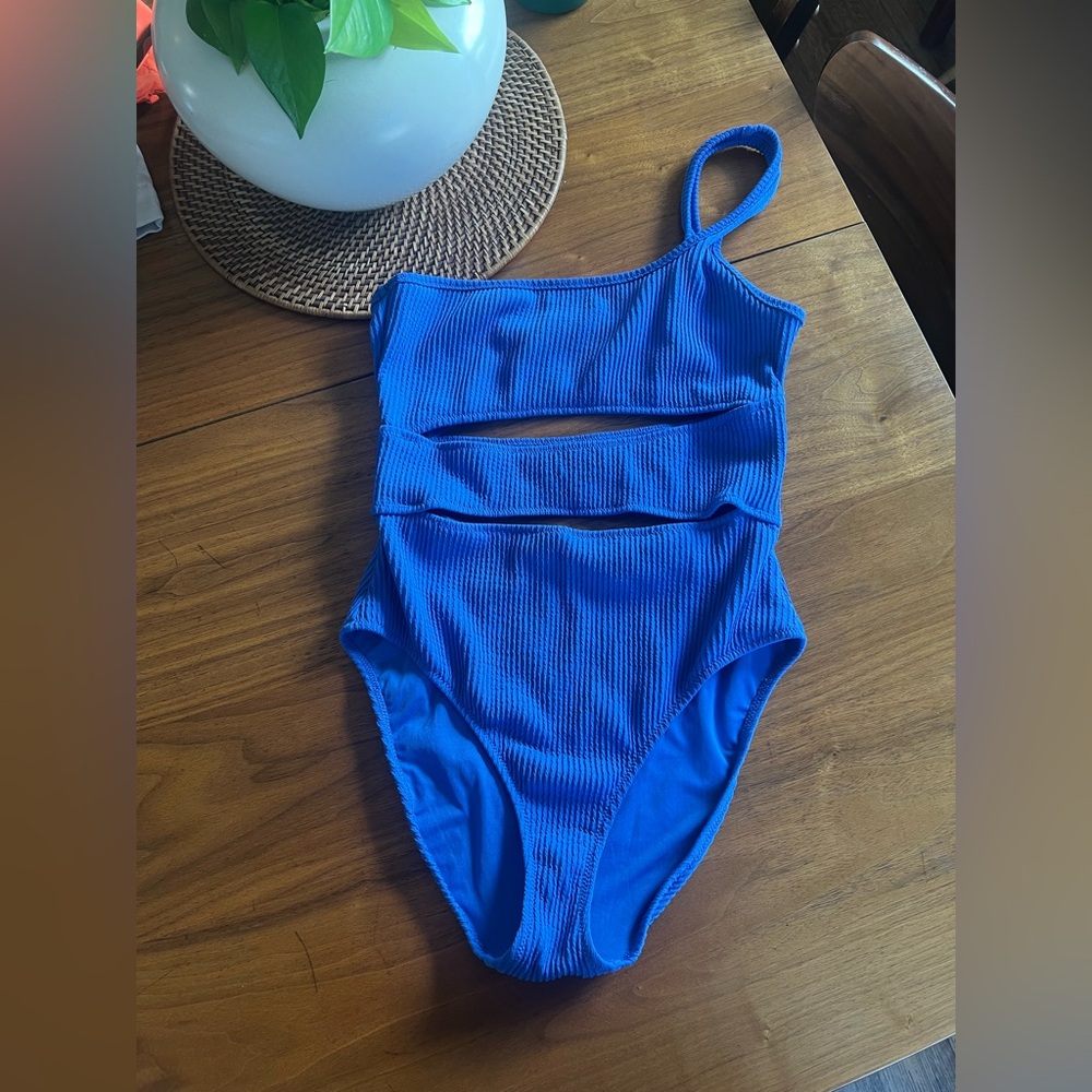 Aerie Blue One Piece Swimsuit Asymmetrical Ruched Design
